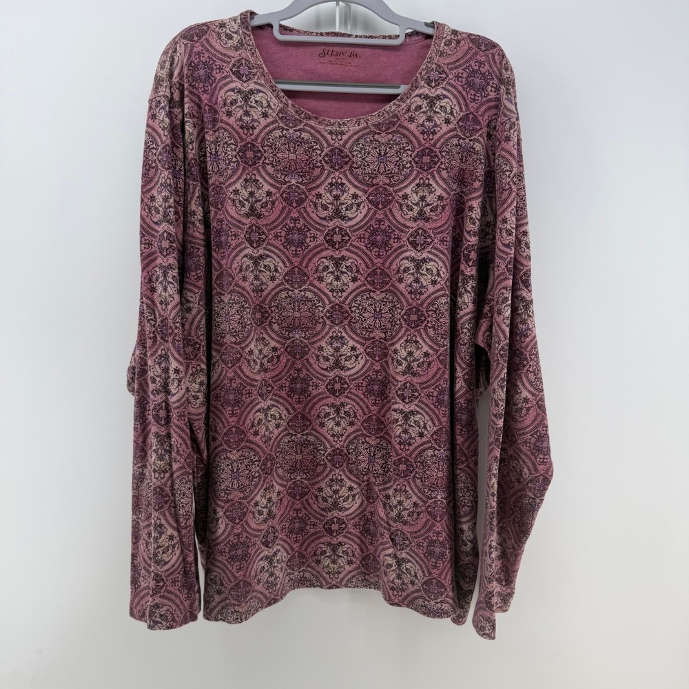 St. John's Bay Tee Womens 3X Pink Purple Medallion Long Sleeve Cotton Boho Y2K